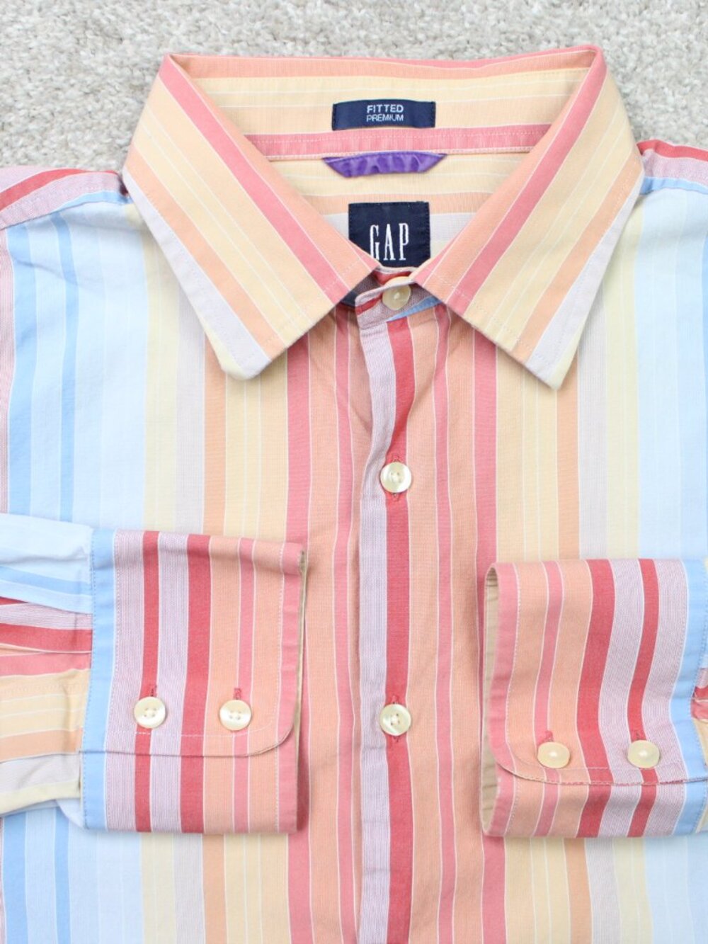 GAP Shirt Mens Large 16-16 1/2 Pink/Blue/Red Striped Fitted Premium Cotton L/S